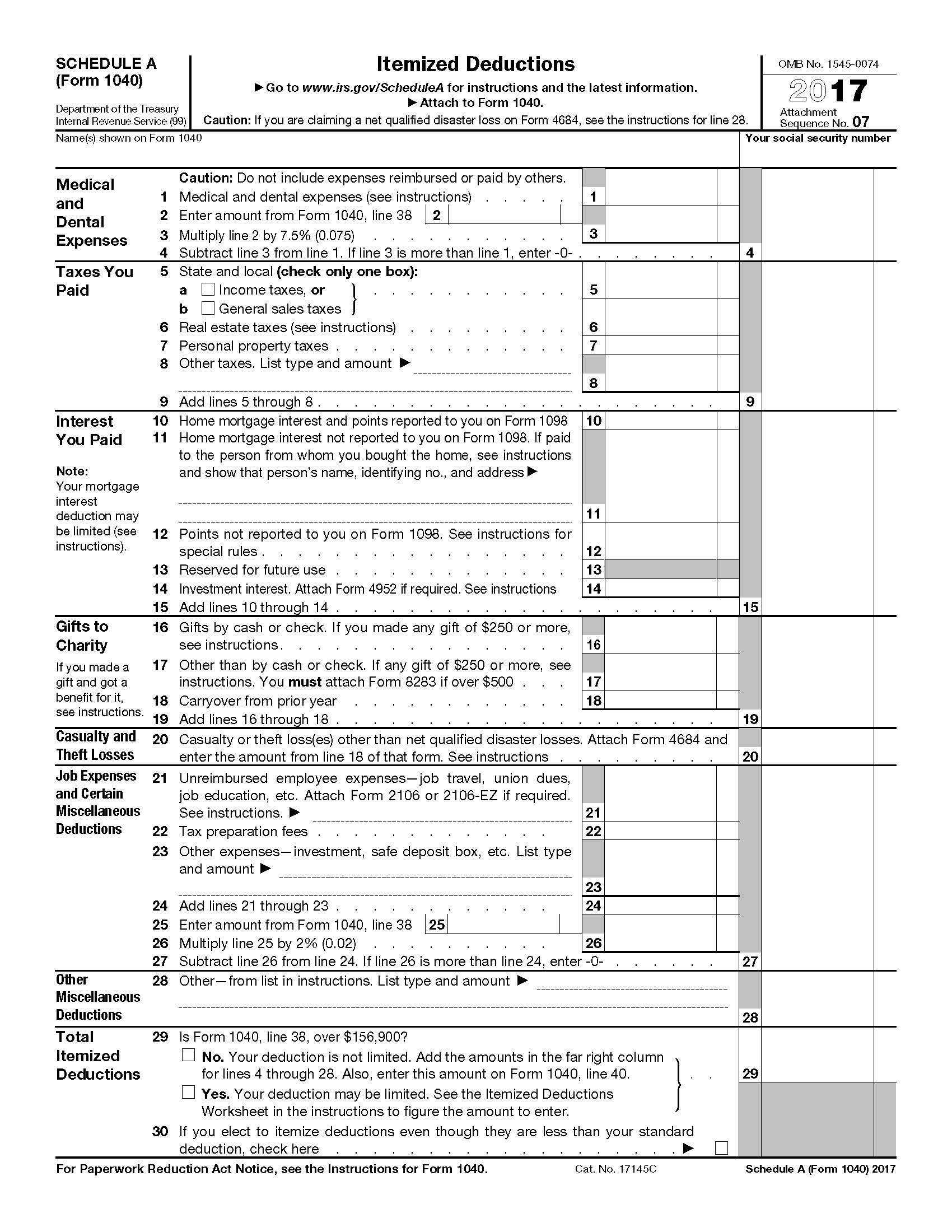 2017 Irs Tax Forms 1040 Schedule A itemized Deductions U S