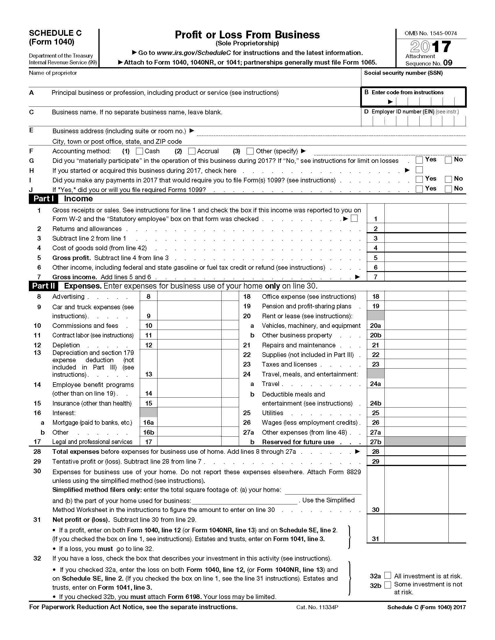 2017 Irs Tax Forms 1040 Schedule C profit Or Loss From Business U S