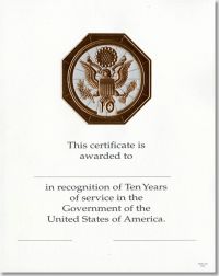 Career Service Award Certificates WPS 102 - 10 Year Bronze 8x10 (Package of 25)