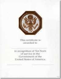 Career Service Award Certificates WPS 102-A - 10 Year Bronze 8 1/2 X11 (Package of 25)