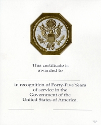 Career Service Award Certificate WPS 109-A - 45 Year Gold 8 1/2 X 11