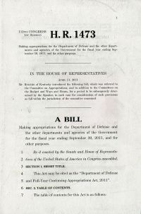 H.R. 1473, Making Appropriations for the Department of Defense and the Other Departments and Agencies of the Government for the Fiscal Year Ending September 30, 2011, and for Other Purposes