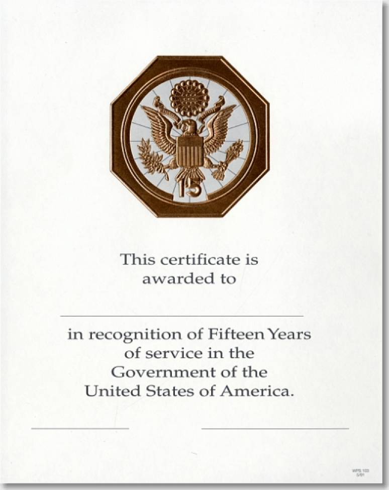 Career Service Award Certificates WPS 103 - 15 Year Bronze 8x10 (Package of 25)
