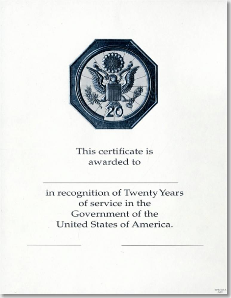Career Service Award Certificates WPS 104-A - 20 Year Silver 8 1/2 X 11 (Package of 25)