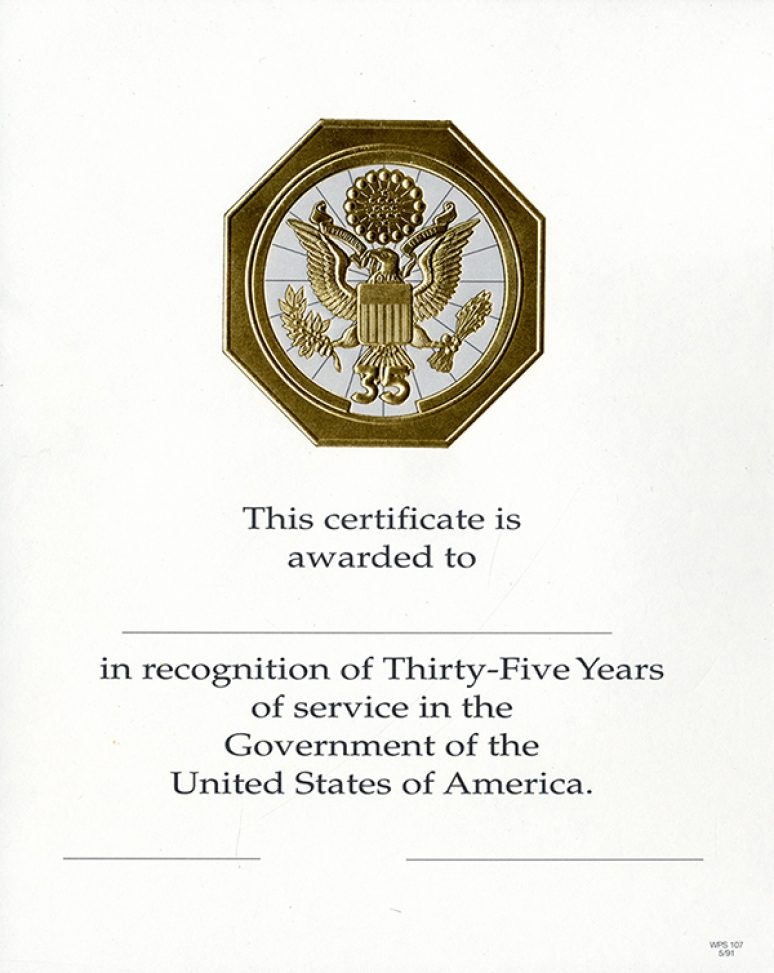 Career Service Award Certificate WPS 107-A - 35 Year Gold 81/2 X 11