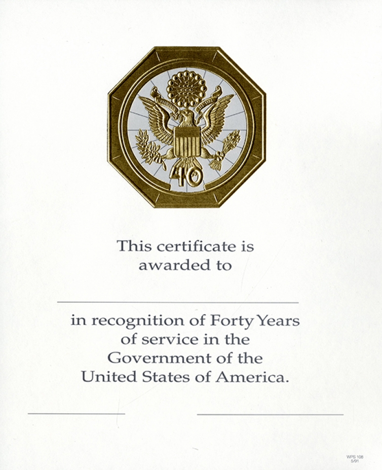 OPM Federal Career Service Award Certificate WPS 108 - 40 Year Gold 8x 10