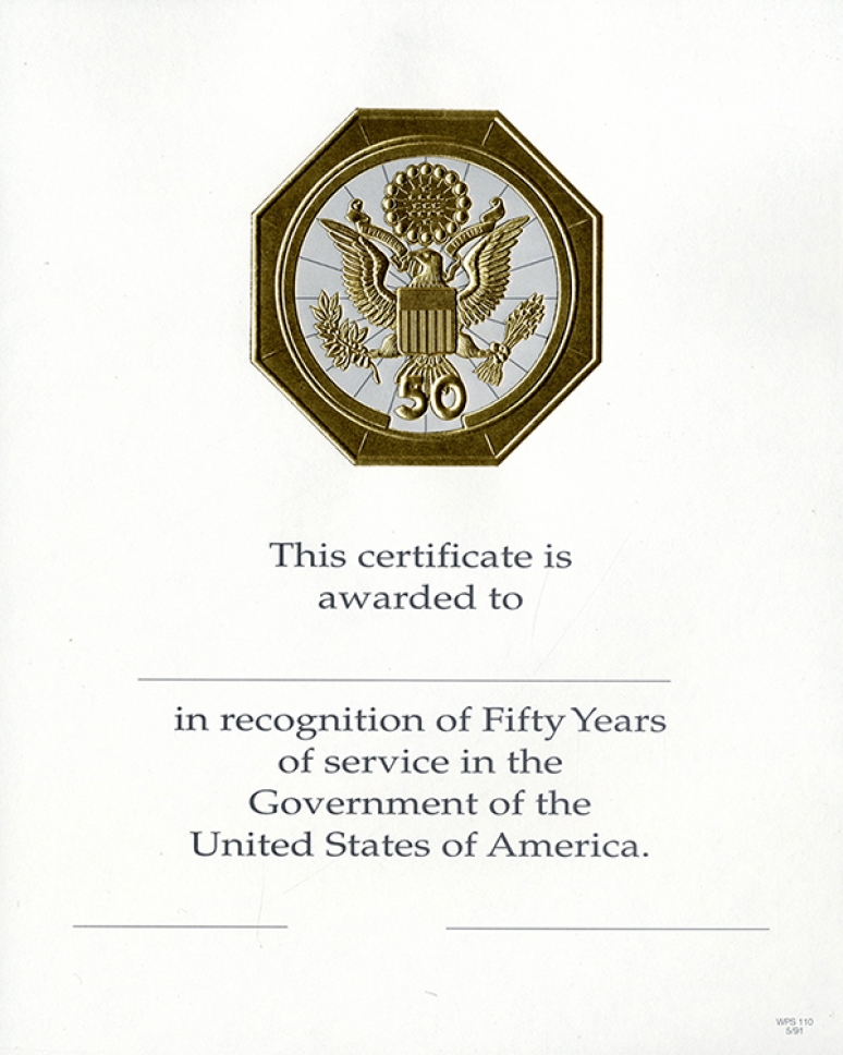 Career Service Award Certificate WPS 110 - 50 Year Gold 8x 10