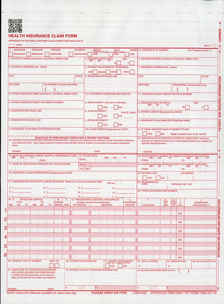 25 forms New CMS-1500 02/12 Claim Form 