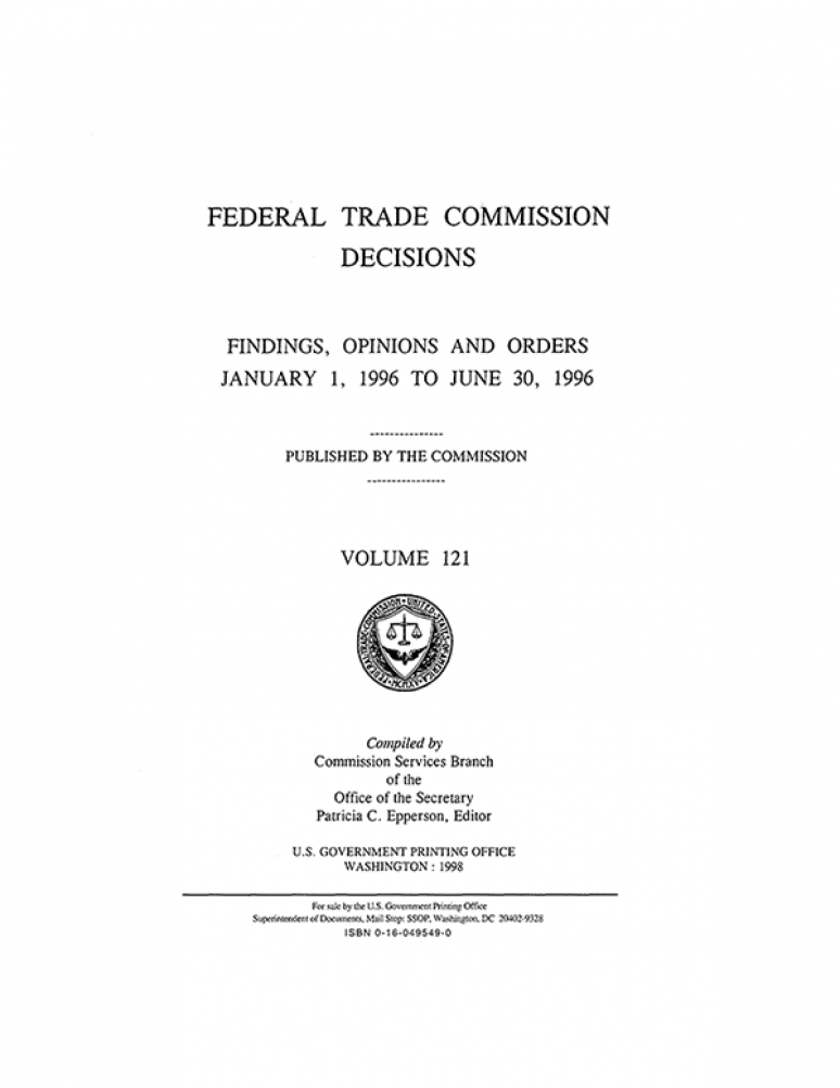 Federal Trade Commission Decisions, V. 127, Findings, Opinions, and Orders, January 1, 1999 to June 30, 1999