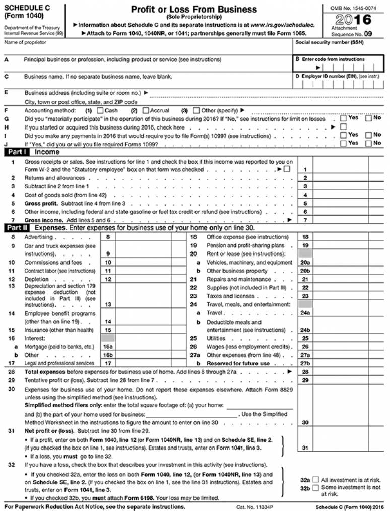 Profit or Loss From Business (Sole Proprietorship), IRS Tax Form 1040 Schedule C 2016 (Package of 100)