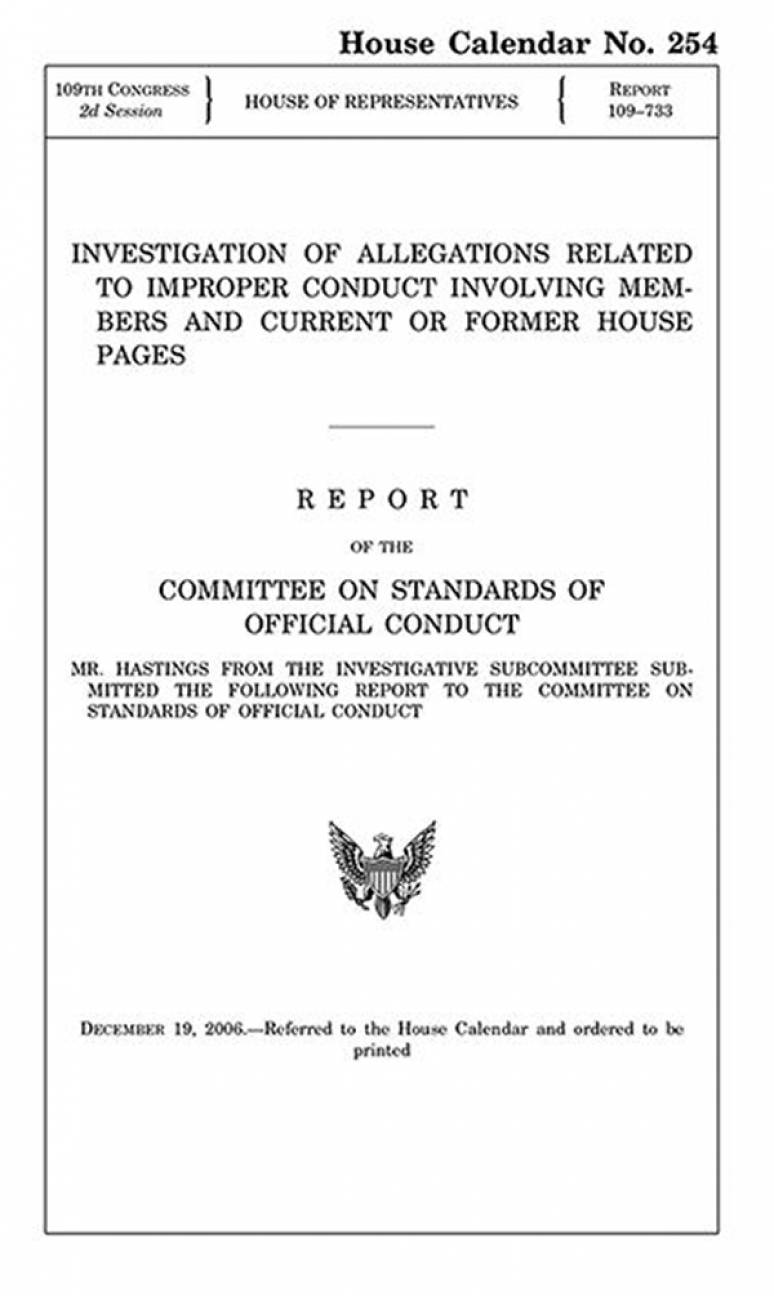 Investigation of Allegations Related to Improper Conduct Involving Members and Current or Former House Pages: Report. December 19, 2006