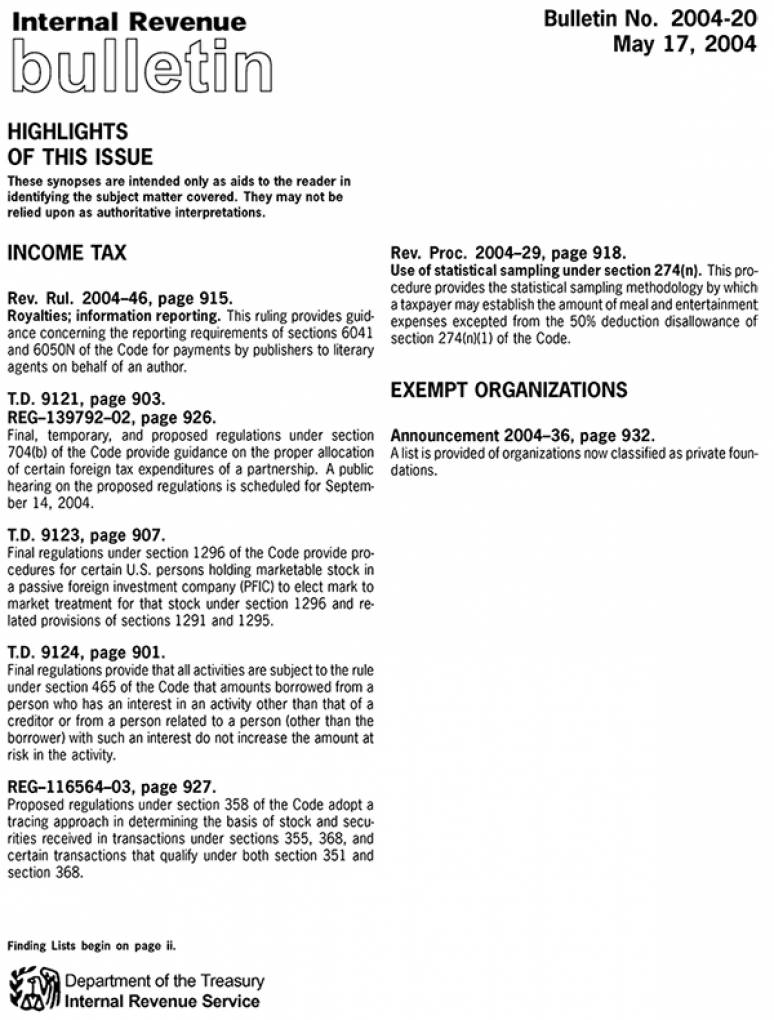 Internal Revenue Bulletin, No. 2004-20, May 17, 2004