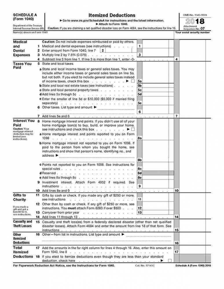 2018 IRS Tax Forms 1040 Schedule A (itemized Deductions)